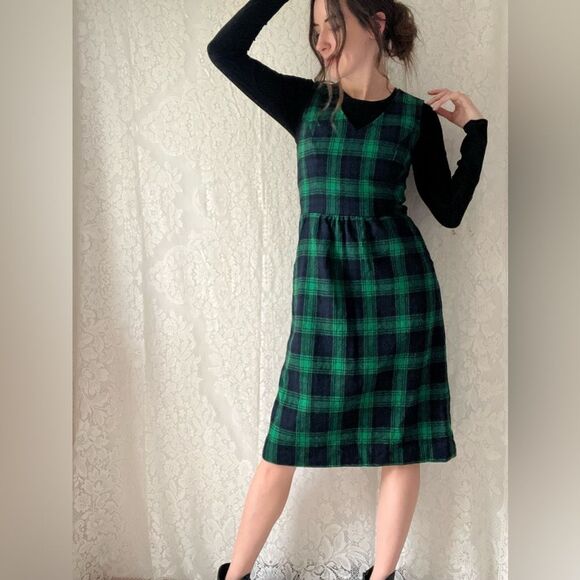 Vintage Wool Plaid V-Neck Lanz Original Midi Dress with Pockets - Picture 7 of 15